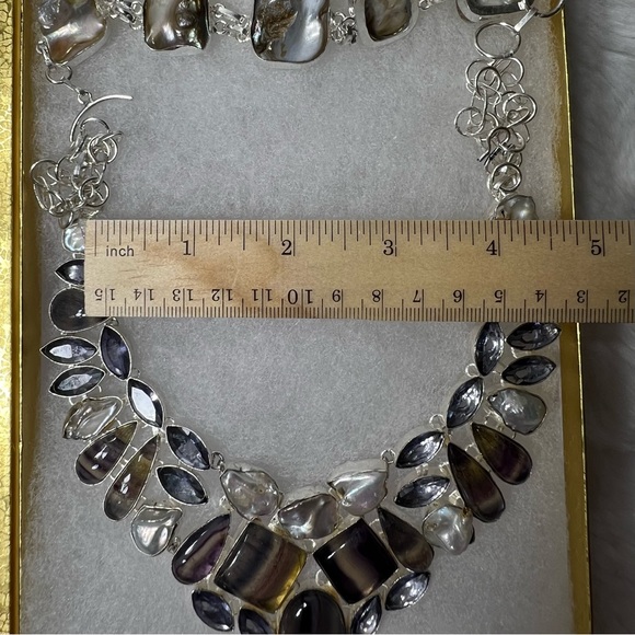 Beautiful 925 Fluorite Biwa Pearl & Amethyst Necklace & Bracelet Gemstone Set - Picture 11 of 13